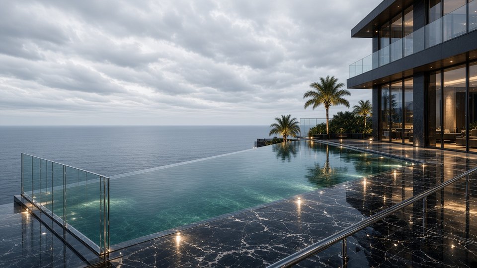 Penthouse infinity pool under a silver sky, frameless glass balustrade and ocean horizon